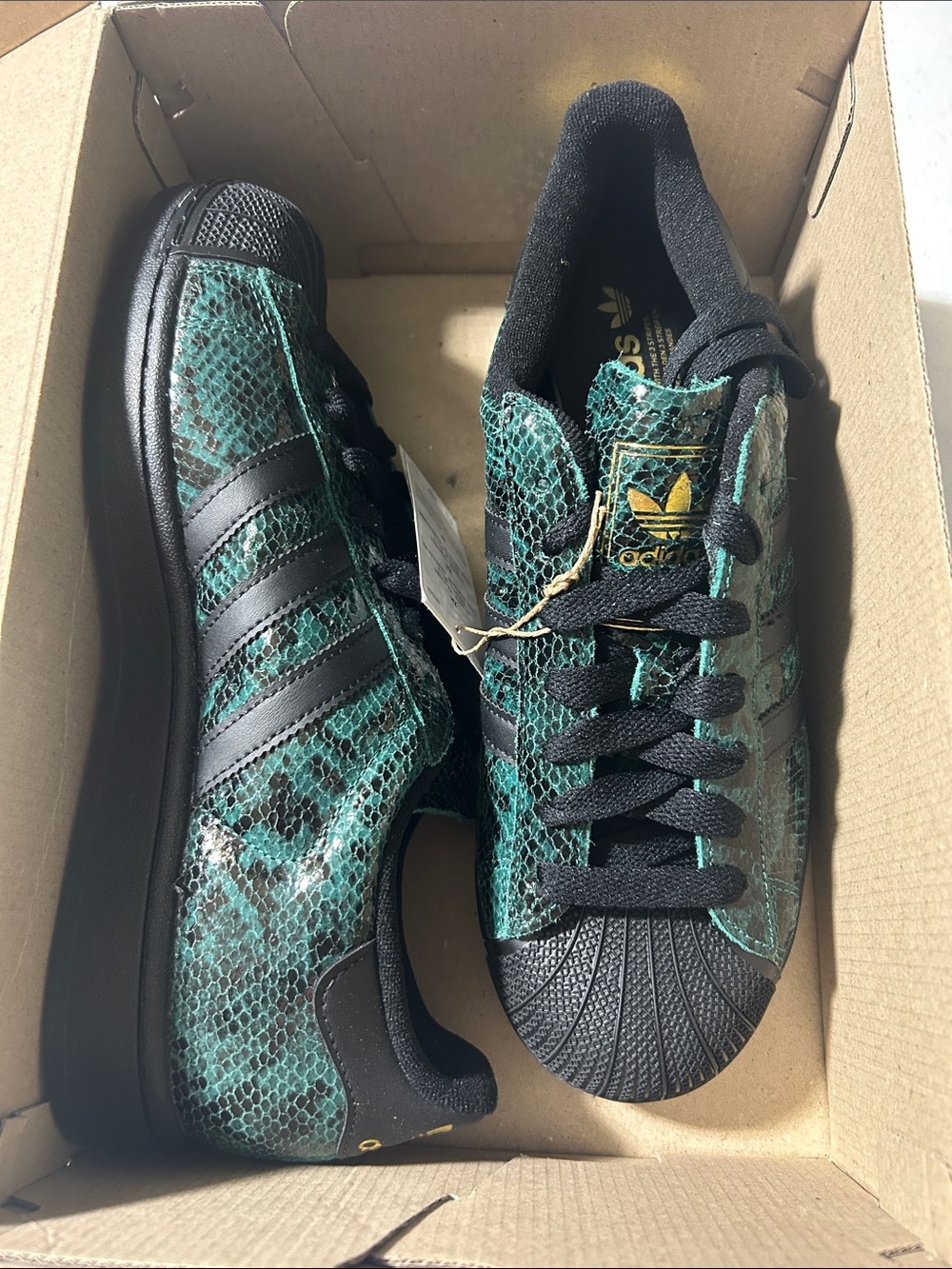 adidas Black and Green Snake-Print Superstar Sneakers